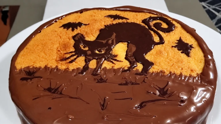 Tartas decoradas con chocolate, Tarta gato halloween,