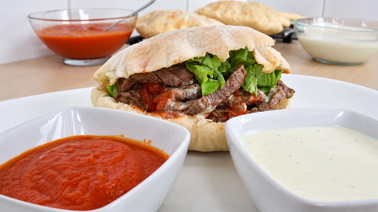 Kebab casero con salsa de ajo y tomate,